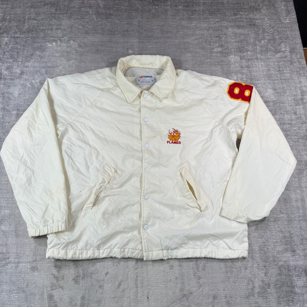 NY New York Flames Jacket Mens XL White Vtg 90s Coaches Snap Front Windbreaker